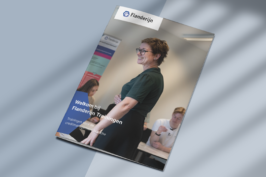 Brochure ‘Flanderijn Trainingen’, met een overzicht van praktische en effectieve trainingen voor creditmanagementprofessionals.